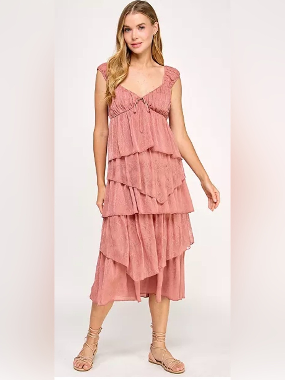 Tiered Ruffle Long-Sleeve Midi Dress in Dusty Rose